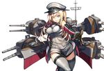 ankle_boots antennae bad_id bad_twitter_id bare_shoulders bismarck_(kantai_collection) blonde_hair blue_eyes boots breasts brown_gloves cannon cowboy_shot detached_sleeves gloves grey_footwear grey_legwear hand_on_hip hat jewelry kantai_collection large_breasts lips long_hair looking_at_viewer machinery military military_uniform peaked_cap pink_lips reaching reaching_out simple_background smile solo standing standing_on_one_leg thighhighs turret uniform white_background yuu_(higashi_no_penguin) zettai_ryouiki 