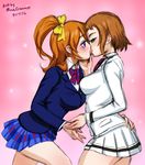  arm_around_waist blazer blush bow bowtie breasts brown_hair chin_grab dated green_eyes hair_bow high_ponytail jacket kira_tsubasa kiss kousaka_honoka long_hair love_live! love_live!_school_idol_project medium_breasts mina_cream multiple_girls orange_hair otonokizaka_school_uniform purple_eyes school_uniform short_hair skirt utx_school_uniform yellow_bow yuri 