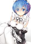  blue_eyes blue_hair blush breasts cleavage detached_sleeves eyebrows eyebrows_visible_through_hair eyes_visible_through_hair hair_ornament hair_over_one_eye hair_ribbon looking_at_viewer maid maid_headdress medium_breasts p_book pantyhose pink_ribbon re:zero_kara_hajimeru_isekai_seikatsu rem_(re:zero) ribbon short_hair sitting smile solo white_legwear x_hair_ornament 