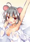  absurdres ahoge animal_ears arm_up blush grey_hair highres kuzumomo mouse_ears naked_shirt nazrin open_mouth red_eyes shirt solo tears touhou yawning 