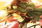  brown_eyes brown_hair cape dual_wielding emblem green_cape holding holding_sword holding_weapon long_hair looking_at_viewer military military_uniform nitou_akane paradis_military_uniform ponytail sasha_braus shingeki_no_kyojin shirt solo survey_corps survey_corps_(emblem) sword three-dimensional_maneuver_gear uniform weapon white_shirt 