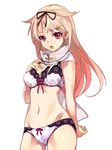 bangs blonde_hair blush bow bow_panties bra breasts cleavage commentary_request hair_flaps hair_ornament hair_ribbon hairclip kantai_collection lace lace-trimmed_bra lace-trimmed_panties lingerie long_hair looking_at_viewer medium_breasts navel open_mouth panties red_eyes remodel_(kantai_collection) ribbon scarf shirokitsune solo underwear underwear_only white_bra white_panties yuudachi_(kantai_collection) 