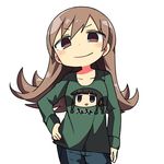  alternate_costume brown_eyes brown_hair casual closed_mouth clothes_writing commentary expressive_clothes hand_on_hip kanikama kantai_collection kitakami_(kantai_collection) long_hair long_sleeves looking_at_viewer ooi_(kantai_collection) shirt simple_background solo t-shirt 