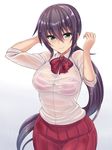  amaama_to_inazuma blush bra breasts green_eyes iida_kotori large_breasts long_hair looking_at_viewer pleated_skirt ponytail purple_bra purple_hair school_uniform see-through sengoku_aky shirt simple_background skirt solo underwear wet wet_clothes wet_shirt white_background 