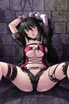  asymmetrical_clothes bandaged_arm bandages black_choker black_hair breasts chain choker collarbone cuffed large_breasts long_hair parted_lips restrained shorts solo spread_legs sweat tales_of_(series) tales_of_berseria thigh_strap thighhighs thor_(deep_rising) torn_clothes torn_legwear underboob velvet_crowe wall yellow_eyes 