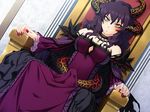  1girl bare_shoulders benimura_karu breasts choker cleavage d demon dress elzikyuchi erection erection_under_clothes futanari horn long_hair nail_polish photoshop purple_hair shemale sitting tenting throne yellow_eyes 