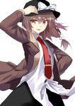  &gt;:) adjusting_clothes adjusting_hat black_hat black_skirt blush bow brown_eyes brown_hair brown_jacket cowboy_shot dress_shirt e.o. hair_bow hand_on_hip hat hat_bow highres jacket looking_at_viewer necktie parted_lips red_neckwear shirt skirt smile solo suit_jacket touhou usami_renko v-shaped_eyebrows white_background white_bow white_shirt 