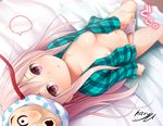  bed_sheet blush breasts expressionless haryuu_(poetto) hata_no_kokoro long_hair looking_at_viewer lying mask medium_breasts navel nipples no_bra on_back on_bed open_clothes open_shirt panties panty_pull parted_lips pink_eyes pink_hair pink_panties plaid plaid_shirt pulled_by_self shirt solo spoken_blush touhou underwear 