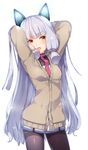  arms_up bangs black_legwear blunt_bangs breasts brown_eyes cardigan contrapposto cowboy_shot hair_ribbon headgear kantai_collection lips long_hair meth_(emethmeth) murakumo_(kantai_collection) open_mouth pantyhose remodel_(kantai_collection) ribbon school_uniform short_eyebrows silver_hair simple_background small_breasts solo standing very_long_hair white_background 