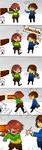  :t absurdres afterimage androgynous blush bribery brown_hair chara_(undertale) chocolate_bar closed_eyes comic commentary creature english frisk_(undertale) froggit full-face_blush gameplay_mechanics gradient gradient_background highres knife meiji_(brand) motion_blur shirt shorts shousan_(hno3syo) spoilers striped striped_shirt sweat sweating_profusely turn_pale undertale wavy_mouth 