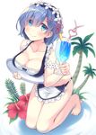  apron barefoot blue_eyes blue_hair blush breasts cleavage collarbone cup drinking_glass drinking_straw flower full_body glass hair_ornament hair_over_one_eye hair_ribbon hairclip highres itoichi. kneeling knees_together_feet_apart large_breasts looking_at_viewer maid_bikini maid_headdress pink_ribbon re:zero_kara_hajimeru_isekai_seikatsu rem_(re:zero) ribbon short_hair smile solo waist_apron white_background x_hair_ornament 