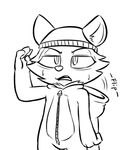  2015 4_fingers anthro beanie big_eyes big_head black_and_white cheek_tuft clothed clothing costume cute digital_drawing_(artwork) digital_media_(artwork) english_text eyebrows front_view frown fursuit half-closed_eyes half-length_portrait hat humanoid_hands inner_ear_fluff league_of_legends looking_at_viewer male mammal monochrome open_mouth portrait riot_games simple_background solo sweat teemo teeth text tongue toony tuft veigar-chan video_games white_background yordle zipper 