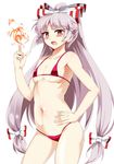  alternate_costume bikini blush bow breasts collarbone commentary_request cowboy_shot e.o. fire fireball fujiwara_no_mokou hair_bow hair_ribbon hand_on_hip highres long_hair looking_at_viewer micro_bikini navel open_mouth ponytail red_bikini red_eyes ribbon silver_hair small_breasts solo stomach swimsuit touhou tress_ribbon underboob very_long_hair white_background 
