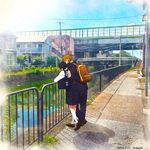 1girl 2016 artist_name backpack bag balcony black_hair black_pants black_skirt blonde_hair blue_sky bridge brown_footwear building charm_(object) dated day from_behind grass hair_ornament hand_on_another's_back house kitashirakawa_tamako kneehighs loafers long_sleeves low_twintails manhole_cover momose_(oqo) ooji_mochizou outdoors pants plant power_lines railing reflection river scenery school_bag shadow shirt shoes skirt sky stairs standing stone_floor summer sun tamako_market telephone_pole town twintails water white_legwear white_shirt zipper 