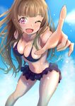  bangs bikini blurry blush breasts brown_hair cleavage depth_of_field eyebrows highres idolmaster idolmaster_cinderella_girls kamiya_nao long_hair looking_at_viewer medium_breasts one_eye_closed open_mouth pointing purple_eyes smile solo swimsuit zakuro0508 