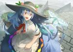  :d black_hat blue_dress blue_hair bow bowtie bug butterfly buttons dress dress_shirt dutch_angle fami_(yellow_skies) food frills from_above fruit hat hat_ribbon head_tilt hinanawi_tenshi insect long_hair neck_ribbon open_mouth peach puffy_short_sleeves puffy_sleeves rainbow_gradient rainbow_order red_bow red_eyes red_neckwear ribbon rooftop shirt short_sleeves skirt_hold smile solo stairs stone_stairs touhou white_ribbon white_shirt wing_collar 