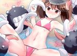  :&gt; alternate_costume bikini blush commentary enemy_naval_mine_(kantai_collection) flat_chest hat kantai_collection licking navel ryuujou_(kantai_collection) saliva sand spread_legs sweatdrop swimsuit tentacles twintails v-shaped_eyebrows visor_cap watarurikka water 