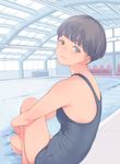  absurdres bangs black_eyes black_hair blunt_bangs from_behind highres indoors kamo_(gafas) leg_hug looking_at_viewer looking_back one-piece_swimsuit original pool poolside school_swimsuit short_hair sitting skylight smile soaking_feet solo source_request swimsuit very_short_hair water 