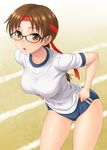  adjusting_clothes braid breasts glasses gym_uniform hida_tatsuo hoshina_tomoko large_breasts leaning_forward looking_at_viewer open_mouth outdoors solo thighhighs to_heart 