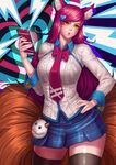  academy_ahri ahri animal_ears aran_sweater black_legwear blue_skirt breasts cellphone commentary cowboy_shot fox_ears fox_tail gonster hair_ornament hairclip hand_on_hip heart heart_hair_ornament highres large_breasts league_of_legends long_hair long_sleeves looking_at_viewer multiple_tails parted_lips phone red_hair school_uniform skirt slit_pupils smartphone solo sweater tail thighhighs whisker_markings yellow_eyes 