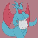  3_fingers animal_genitalia anthro areola big_breasts blue_skin breasts claws dragon erect_nipples eyelashes female genital_slit half-closed_eyes looking_at_viewer membranous_wings muscular navel nintendo nipples nude open_mouth pok&eacute;mon posexe pussy red_eyes red_skin salamence scalie simple_background slightly_chubby slit smile solo standing teeth tongue video_games wings 