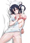  :d ass_visible_through_thighs blue_hair blush bra breasts condom_wrapper crotch_seam hat large_breasts looking_to_the_side lying navel nurse nurse_cap on_back open_mouth orange_eyes original panties panties_under_pantyhose pantyhose ruuto_(sorufu) smile solo spread_legs underwear 