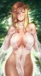  areolae bare_shoulders blonde_hair blue_eyes breasts detached_sleeves dress elf fingerless_gloves gloves groin large_breasts loincloth long_hair looking_at_viewer original pelvic_curtain pointy_ears see-through sgk sideboob smile solo white_dress white_gloves 