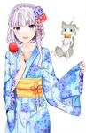  1girl alternate_hairstyle animal blue_kimono blush braid candy_apple cat chu_(huaha1320) commentary_request corn crown_braid eating emilia_(re:zero) floral_print flower food grey_hair hair_flower hair_ornament holding holding_food hydrangea_print japanese_clothes kimono long_hair long_sleeves looking_at_viewer open_mouth photoshop_(medium) pinching_sleeves pointy_ears puck_(re:zero) purple_eyes purple_flower purple_rose re:zero_kara_hajimeru_isekai_seikatsu red_flower red_rose ribbon rose sleeves_past_wrists wide_sleeves yukata 