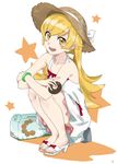  absurdres blonde_hair blush_stickers box doughnut dress food hat highres holding long_hair looking_at_viewer machi_(wm) monogatari_(series) open_mouth open_toe_shoes oshino_shinobu pastry_box shoes solo squatting star sun_hat sundress teeth yellow_eyes 