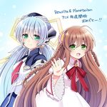  blue_hair braid brown_hair crossover daamiyan dress flower green_eyes hair_flower hair_ornament hoshino_yumemi kanbe_kotori kazamatsuri_institute_high_school_uniform key_(company) long_hair multiple_girls necktie planetarian rewrite ribbon school_uniform twin_braids twintails waving 