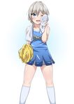  anastasia_(idolmaster) blue_eyes cheerleader highres idolmaster idolmaster_cinderella_girls one_eye_closed open_mouth pom_poms short_hair silver_hair skirt smile solo spicy_moo sweat towel wiping_face 