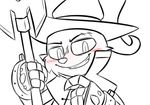  2015 3_fingers big_eyes big_head black_and_white blush bust_portrait close-up clothed clothing cute digital_drawing_(artwork) digital_media_(artwork) eyebrows front_view gloves hat holding_object holding_weapon league_of_legends looking_down low_res magic_user male mammal monochrome portrait riot_games robes scar simple_background snout solo spot_color staff standing toony veigar veigar-chan video_games weapon white_background wizard_hat yordle 