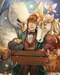  1boy bird blue_eyes bowtie brown_hair dodo dragon fairy fantastic_beasts_and_where_to_find_them harry_potter hippogriff male_focus monster newton_artemis_fido_scamander porpentina_goldstein solo suitcase unicorn waistcoat 
