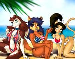  2012 all_fours anthro beach big_breasts bikini blue_eyes blue_hair breasts brown_eyes canine carmelita_fox cat cleavage clothed clothing colleen collie darksteellycaon dipstick_tail dog ear_piercing feline female fox fur gloves_(marking) group hair hair_bow hair_ribbon long_hair looking_at_viewer mammal markings multicolored_fur multicolored_hair multicolored_tail navel one-piece_swimsuit outside piercing ponytail ribbons road_rovers seaside sitting sling_bikini sly_cooper_(series) smile swimsuit tomoe_ame two_tone_fur two_tone_hair video_games waving 