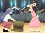  animal_ears bamboo bamboo_forest barefoot black_hair blonde_hair blue_hair bunny_ears bunny_tail commentary_request forest inaba_tewi mallet mochitsuki multiple_girls nature purple_hair red_eyes reisen_udongein_inaba ringo_(touhou) seiran_(touhou) shirosato squatting tail touhou 