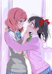  bangs black_hair blush bow bowtie breasts cardigan commentary_request cowboy_shot curtains eye_contact from_side frown hair_bow half-closed_eyes hand_on_another's_chin imminent_kiss indoors long_sleeves looking_at_another love_live! love_live!_school_idol_project multiple_girls nervous nishikino_maki ooshima_tomo orange_eyes otonokizaka_school_uniform pink_hair plaid plaid_skirt pleated_skirt profile purple_eyes school_uniform shirt short_hair short_sleeves short_twintails skirt sleeves_past_wrists small_breasts striped sweatdrop sweater_vest twintails wall_slam wide-eyed window yazawa_nico yuri 