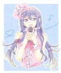  blue_eyes blue_hair danganronpa danganronpa_1 eighth_note hair_ornament hairclip hands_together holding holding_microphone long_hair looking_at_viewer low_twintails maizono_sayaka microphone music musical_note open_mouth ribbon singing smile solo star twintails wristband zawameki 