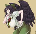  black_hair blouse bow breasts curvy green_skirt hair_bow hand_on_hip hanemikakko huge_breasts leaning_forward long_hair puffy_short_sleeves puffy_sleeves red_eyes reiuji_utsuho short_sleeves skirt solo touhou white_blouse wings 
