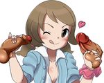  1girl caressing_testicles censored closed_mouth disembodied_penis eyelashes handjob heart lass_(pokemon) licking_lips looking_at_viewer mosaic_censoring nintendo npc_trainer one_eye_closed penis pointless_censoring pokemon refuto shiny shiny_skin solo_focus tongue tongue_out twintails upper_body 