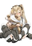  bandages blush boko_(girls_und_panzer) brown_eyes brown_hair feet girls_und_panzer hairband ion_(cation) long_hair long_sleeves looking_at_viewer no_shoes pov_feet ribbon shimada_arisu side_ponytail simple_background solo striped striped_legwear stuffed_animal stuffed_toy teddy_bear white_background 