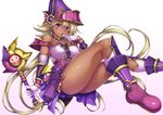  :o apprentice_illusion_magician armpit_peek bare_shoulders blonde_hair blush boots breasts commentary_request dark_skin dress duel_monster elbow_gloves facial_mark finger_to_mouth gloves hat highres holding holding_wand large_breasts long_hair looking_at_viewer off-shoulder_dress off_shoulder pink_eyes purple_footwear short_dress snowcanvas solo very_long_hair wand white_background white_gloves wizard_hat yuu-gi-ou 