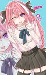  ;d astolfo_(fate) black_legwear bow braid fang fate/apocrypha fate_(series) garter_straps hair_bow highres long_hair male_focus one_eye_closed open_mouth otoko_no_ko pink_hair pleated_skirt purple_eyes shisei_(kyuushoku_banchou) single_braid skirt smile solo thighhighs zoom_layer 