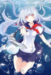  air_bubble animal bird blue_sailor_collar bubble long_hair looking_at_viewer mikan_no_shiru neckerchief open_mouth original outstretched_arm penguin pleated_skirt red_eyes sailor_collar school_uniform serafuku skirt swimming underwater white_hair 