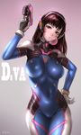 black_eyes blush bodysuit breasts brown_hair bubble_blowing cameltoe chewing_gum d.va_(overwatch) facial_mark gloves gun hand_on_hip headphones highres holding holding_gun holding_weapon large_breasts long_hair looking_at_viewer overwatch sgk solo weapon whisker_markings white_gloves 