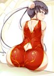  ass bare_shoulders black_hair blue_eyes butt_crack cameltoe china_dress chinese_clothes choker double_bun dress hips long_hair looking_at_viewer looking_back original solo usyuuri very_long_hair 