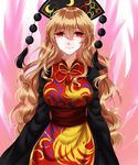  absurdres bad_id bad_pixiv_id blonde_hair blood bloody_tears chinese_clothes cowboy_shot crescent crying crying_with_eyes_open energy fire hair_between_eyes hat highres junko_(touhou) long_hair long_sleeves looking_at_viewer pink_fire red_eyes sash sheya smile solo tabard tassel tears touhou 