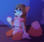  anthro blue_eyes brown_hair canine clothing cub cup diaper female fox fur glowing hair mammal red_fur sitting smile solo strawberryneko television watermark young 