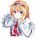  alice_margatroid blonde_hair blue_eyes blush capelet closed_mouth e.o. frills hairband highres lolita_hairband looking_at_viewer neck_ribbon red_ribbon ribbon short_hair smile solo touhou upper_body white_background white_capelet 