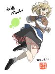  arm_support blonde_hair character_name dated full_body green_eyes inuno_rakugaki japanese_clothes leg_up looking_back mizuhashi_parsee open_mouth pointy_ears solo touhou white_background 