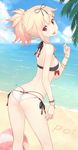  2016 ass back bangs beach bikini black_ribbon blonde_hair blue_sky blush bracelet braid breasts cloud commentary_request dan_(kumadan) dated day flat_ass food from_behind hair_flaps hair_ornament hair_ribbon hairclip highres jewelry kantai_collection licking long_hair looking_at_viewer looking_back md5_mismatch medium_breasts ocean open_mouth outdoors poi ponytail popsicle red_eyes remodel_(kantai_collection) ribbon sand side-tie_bikini single_braid sky smile solo strap_gap swimsuit thong thong_bikini tongue tongue_out water white_bikini yuudachi_(kantai_collection) 